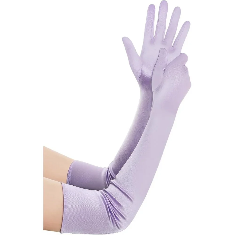 Women's Light Purple Vintage Satin Long Gloves Costume Stretchy Elbow Length